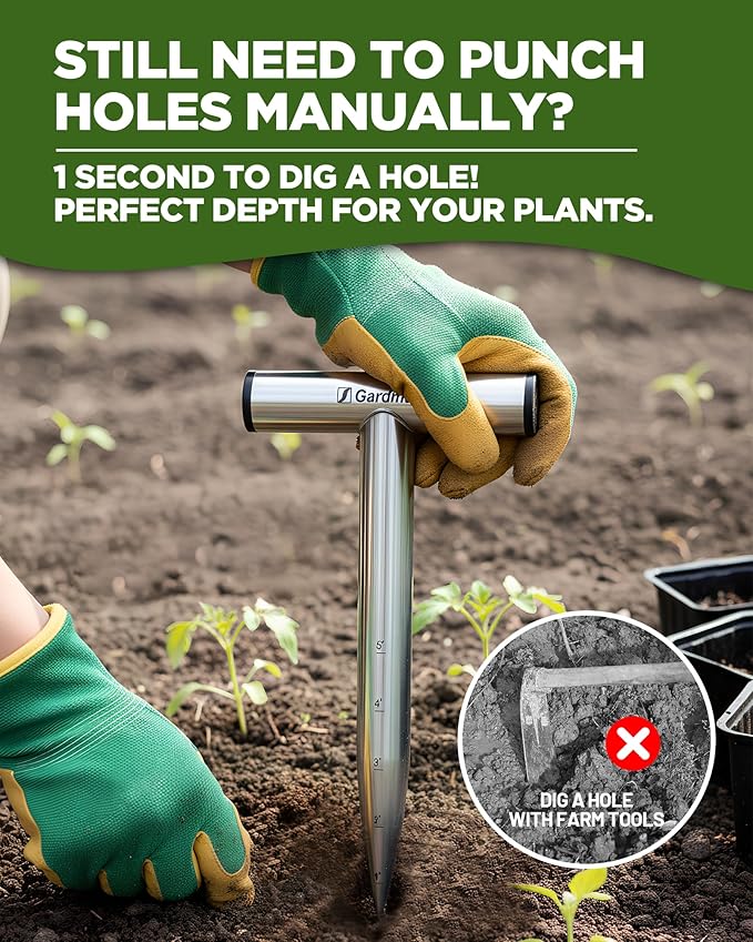 Stainless Steel Hand Dibber with Depth Markings & T-Handle, Rust-Resistant Bulb Planter Tool for Seeds, Seedlings & Bulbs – Ergonomic Design for Garden & Lawn