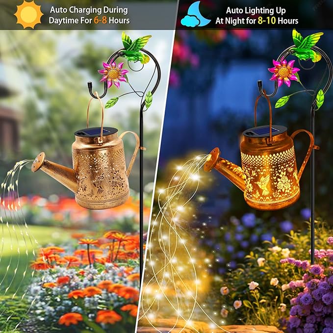 Solar Lanterns Outdoor Waterproof, Hummingbird Watering Can Garden Decor, Hanging Solar Path Lights Yard Art, Outside Patio Decoration Gardening Birthday Gifts for Mom Grandma Women with Shepherd Hook