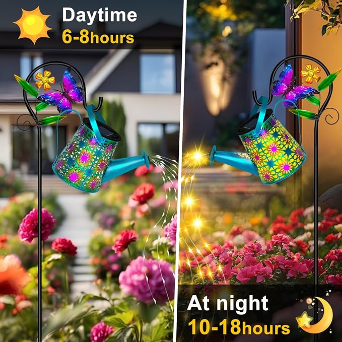 Solar Watering Can with Lights, Waterproof Solar Lantern with Butterfly Shepherd Hook, Hanging Garden Lights for Patio Yard Lawn Porch Outdoor Decoration 2 Pack