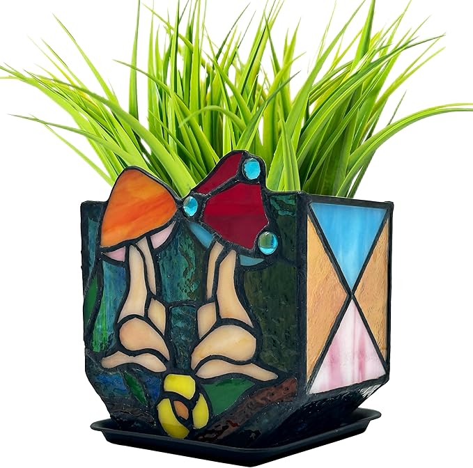 Mushroom Lady Body Plant Pots,Flower Pot with Drainage Hole, Stained Glass Mushroom Lady Yoga Pose Decoration Planter,Unique Cute Face Head Space Decoration Aesthetic 4.6x3x5.15 in