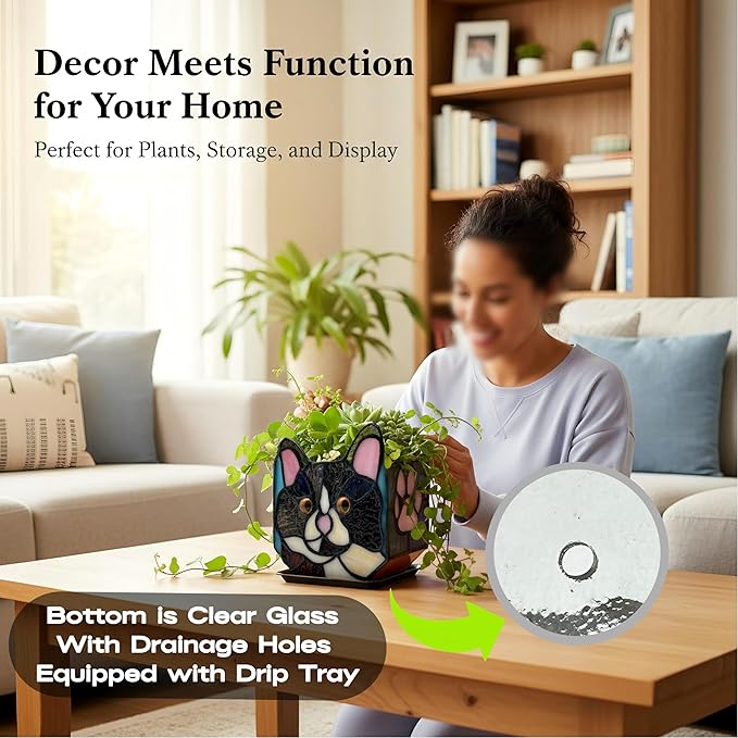 Handmade Stained Glass Black Cat Planter, Decorative Succulent Pot with Drainage, Indoor Plant Holder, Home Decor