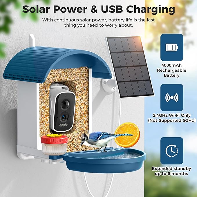 Bird Feeder with Camera, Smart Birdfeeder with Solar-Powered, 5MP AI Identify Birds 11000, Night Vision, Auto Record Video,Instant Notifications, Bird Feeders for Outdoors Yard with Water Bowl
