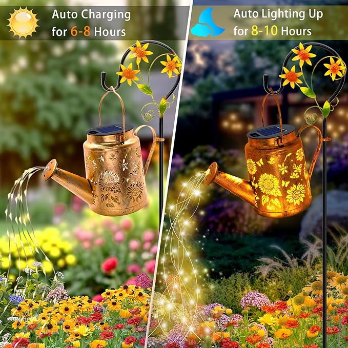 Solar Lights Outdoor Waterproof, Sunflower Solar Watering Can Lights with Shepherd Hook, Birthday Gifts for Mom Grandma Women Christmas, Metal Hanging Lantern Garden Decor Yard Outside Patio Lawn