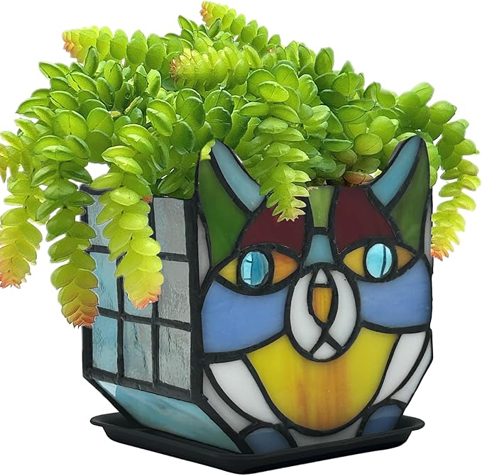 Tiffany Stained Glass Cat Planter,Indoor and Outdoor Plant Displays,Succulent Cat Pot,Plant Gifts for Women,4.6x5.15x3 in (Without Succulents)