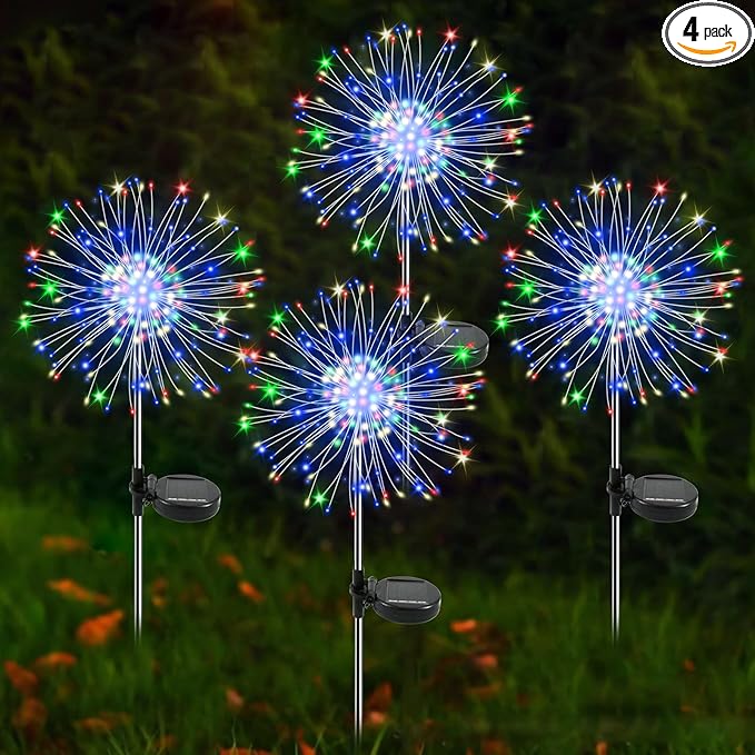 YaaFen Solar Garden Lights Outdoor, 4 Pack 120 LED Twinkling Firework Lights Decorative with 2 Modes, Outdoor Waterproof Solar Starburst Light for Outside Yard Pathway Garden Decor, Multicolor