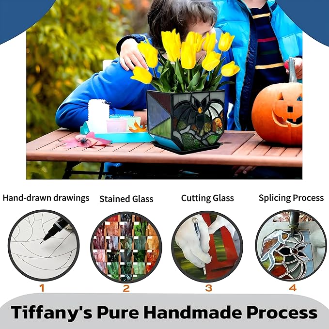 Stained Glass Bat Planter with Drainage Holes, Cute Planter Pots for Indoor Plants, Halloween Stained Glass Bat Decor, Bat Suncatcher Flower Pot, Bat Gifts 4.6x5.15x3 in