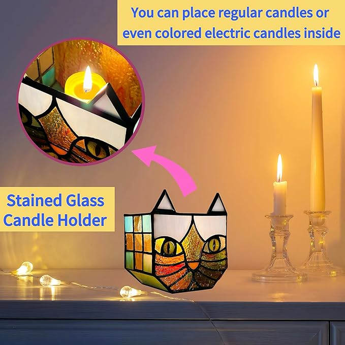 Tiffany Style Stained Glass Cat Flower Pots with Drainage,Funny Blue Cat Planter,Cute Garden Pots,Flower Pots for Indoor Plants,Gifts for Plant Lovers,4.6x3x5.15 in