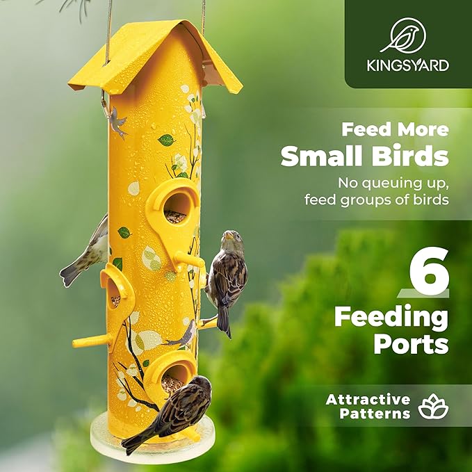 Kingsyard Metal Bird Feeders for Outdoors Hanging, 6-Ports Tube Bird Feeder, 14 inch, Durable & Weatherproof, Large Capacity for Attracting Wild Birds (Yellow)