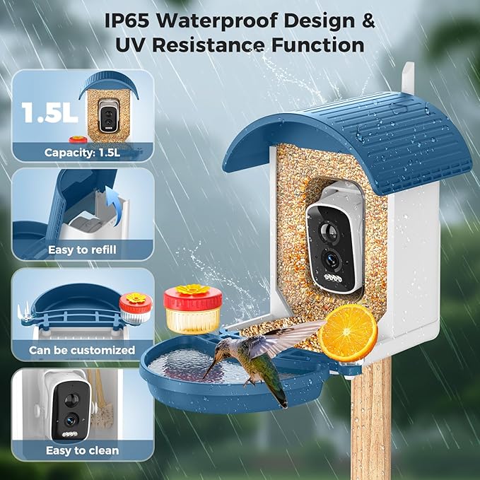 Bird Feeder with Camera, Smart Birdfeeder with Solar-Powered, 5MP AI Identify Birds 11000, Night Vision, Auto Record Video,Instant Notifications, Bird Feeders for Outdoors Yard with Water Bowl