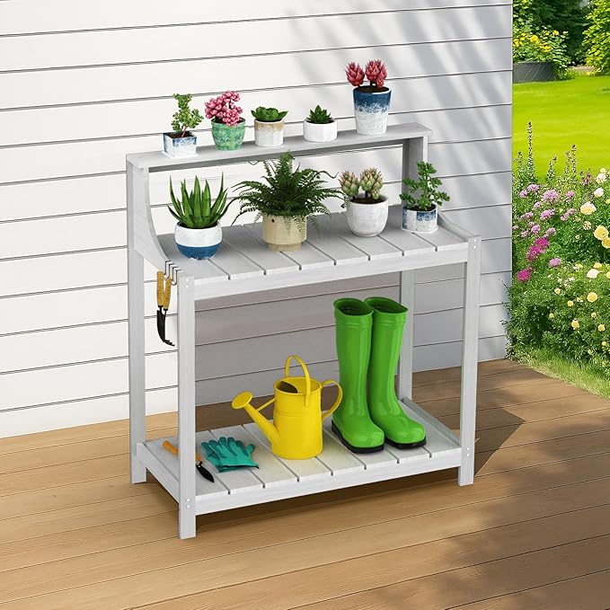 Potting Bench Table, Solid Wood Potting Bench with Storage & Hooks - Durable All-Weather Garden Workstation for Patio, Deck & Yard - 360 lbs Capacity, Rust & Fade Resistant