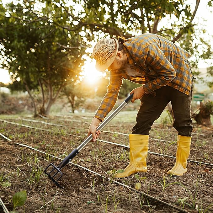 Long Hand Cultivator, Carbon Steel & Stainless Steel Tiller Cultivator, Garden Cultivator with Telescopic Handle and Soft Handle Cover, Hand Tiller for Digging Loosening Weeding
