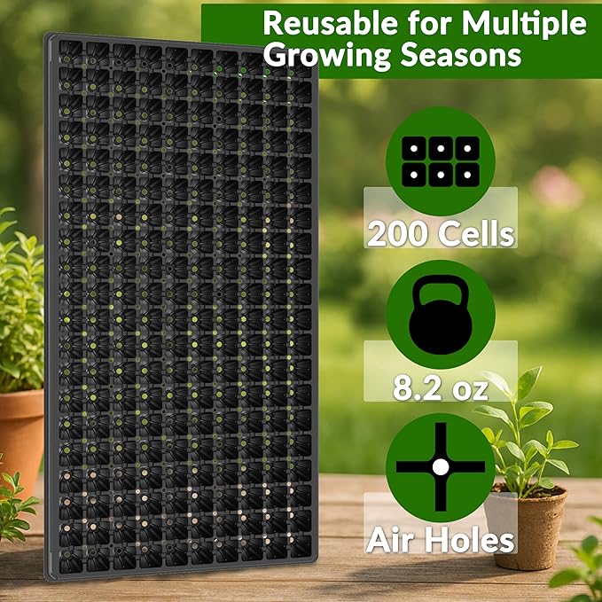 Gardzen 10 Pack 200 Cell Seed Starter Trays, 1.5" Deep Plug Tray for Seedlings, Durable Seedling Trays with Drainage Holes, Fit Standard 1020 Drip Tray