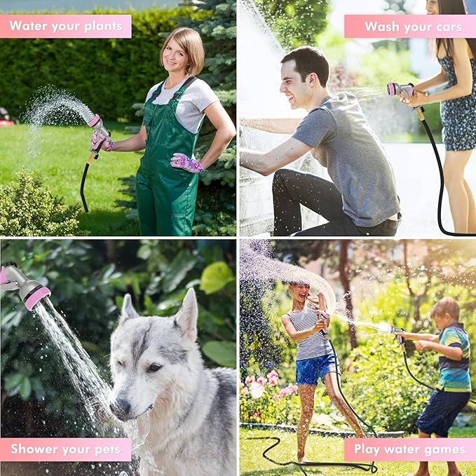 RESTMO Garden Hose Nozzle, Heavy Duty Metal Water Hose Nozzle with 7 Adjustable Spray Patterns, High Pressure Hand Sprayer with Flow Control, Best for Watering Plant & Lawn, Washing Car & Pet, Pink
