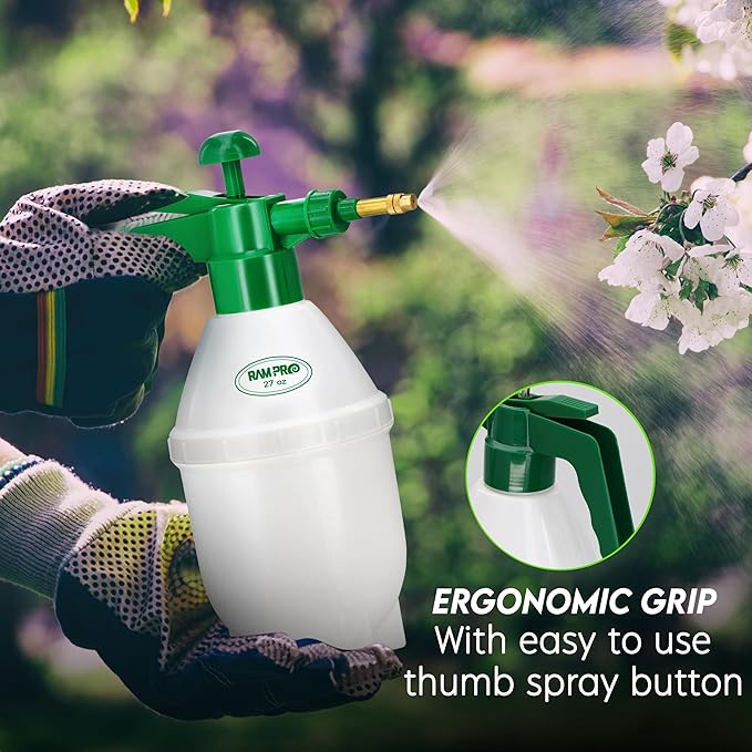 Garden Pump Sprayer, Handheld Bottle Mist Water Sprayer, Hand Pressure Home Cleaning Plant Lawn Sprayer w/ Safety Valve & Adjustable Bronze Nozzle, 1 Liter/1 QT/.26 Gallon/34 Ounces/1000 ml –By Rampro