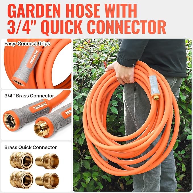 YAMATIC Garden Hose 5/8 in x 50 ft, Ergonomic Swivel Fittings, Burst 600 PSI, Heavy Duty, Flexible and Lightweight Water Hose with 2 Set Quick Connect