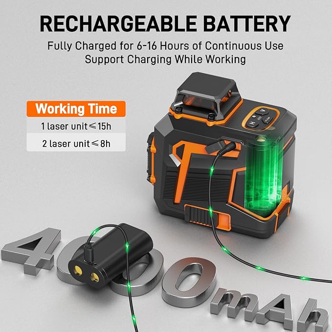 Laser Level 360 Self Leveling Green Line Laser Level Tool Wall Suction Stand Receiver 100ft Line Laser for Picture Hanging Outdoor Rechargeable Battery,2x360,2D