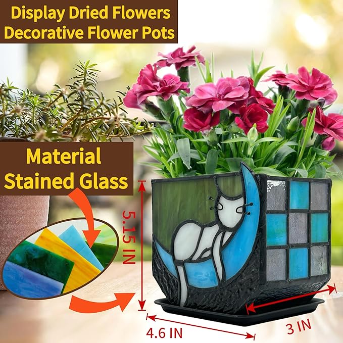 Tiffany Stained Glass Funny Moon Sleeping Cat Planter,Flower Pots for Indoor Plants,Plant Pot with Drainage,Cute Grey Cat Plant Pots,Gifts for Plant Lovers,4.6x3x5.15 in