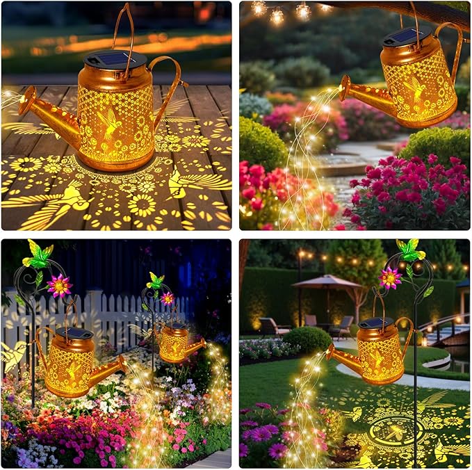 Hummingbird Solar Lights Outdoor Waterproof, Birthday Gifts for Christmas Mom Grandma Women, Solar Watering Can Lights with Shepherd Hook, Metal Hanging Lantern Garden Decor Yard Outside Patio Lawn
