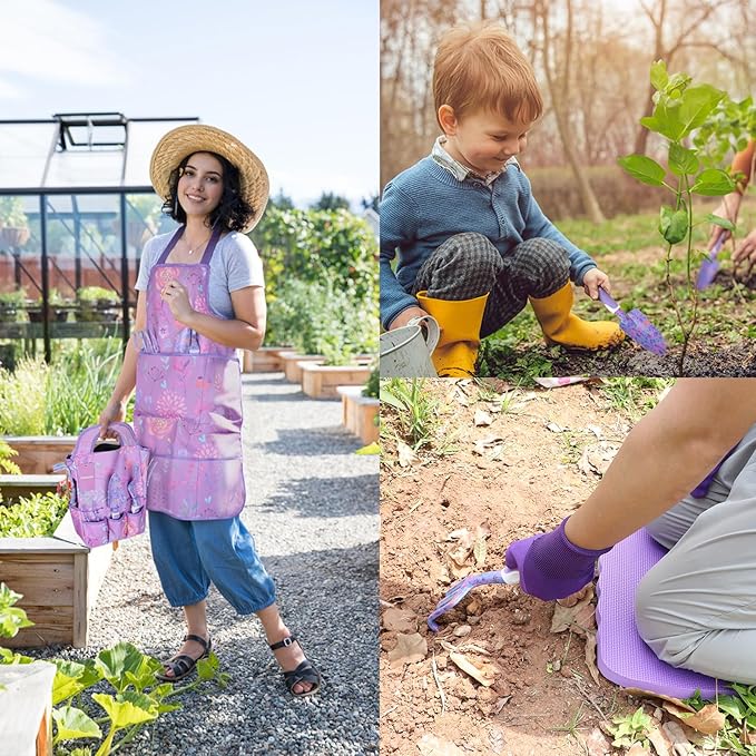 Purple Garden Tool Sets 10-Piece, Aluminum Alloy Steel Hand Tools w/Non-Slip Ergonomic Handle, Floral Print Garden Supplies Organizer Handbag, Cute Gardening Tools Gift for Women Grandmother