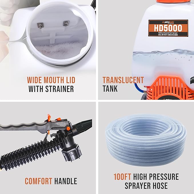 PetraTools Battery Backpack Sprayer with Custom Fitted Cart and 100 Foot Commercial Hose, 2 Hoses Included, Commercial Quality Heavy Duty Sprayer (HD5000 6.5-Gallon with Reel Cart)