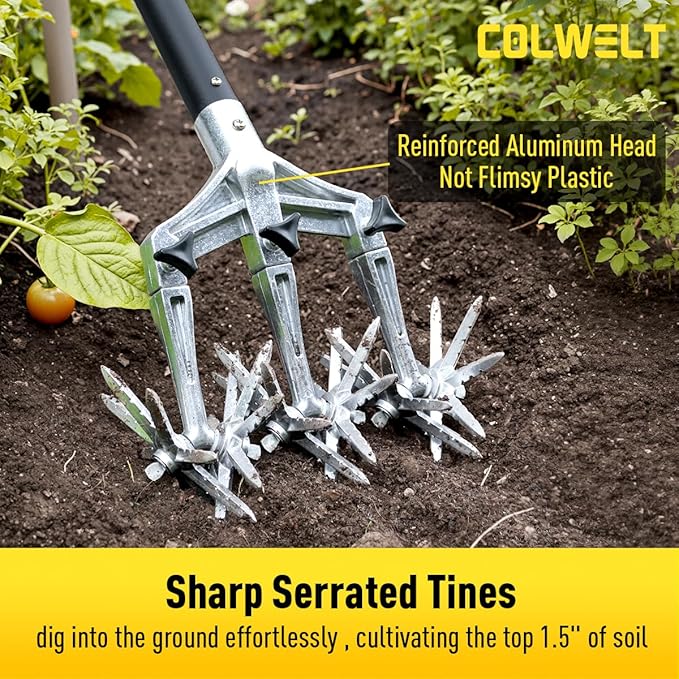 Colwelt Rotary Cultivator Garden Tool 61’’, Hand Tiller Garden Tool with Detachable Aluminum Tines, Cultivators for Gardening Soil or Reseeding Grass, Manual Cultivators & Tillers for Flowers Beds