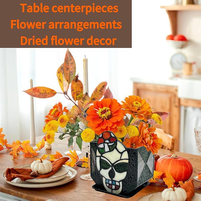 Tiffany Stained Glass Skull Planter,Planters for Indoor Plants,Skull Flower Pot,Candy Bowl,Halloween Planter Decorations 4.6x3x5.15 in