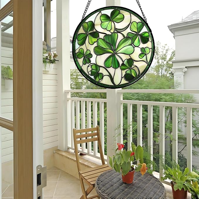 Stained Glass Window Hanging - Ireland Green Lucky Clover Suncatcher for Doors Garden St. Patrick's Day Sun Catchers Decor Mother's Day Birthday for Women Men Mom Nana 6.3 in
