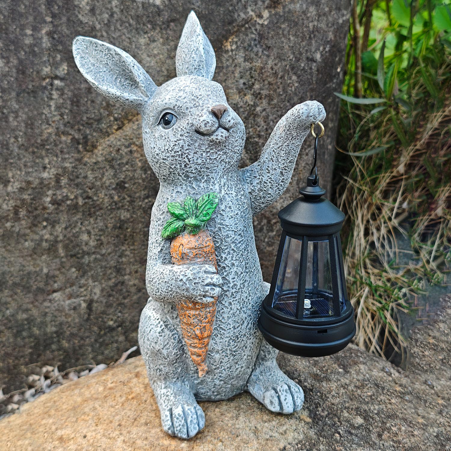 Garden Statues Rabbit Solar Lantern Outdoor Handmade Resin Statue Bunny with Cute Carrot for Patio, Yard,Mother's Day Gift Ideas (rabbit1)