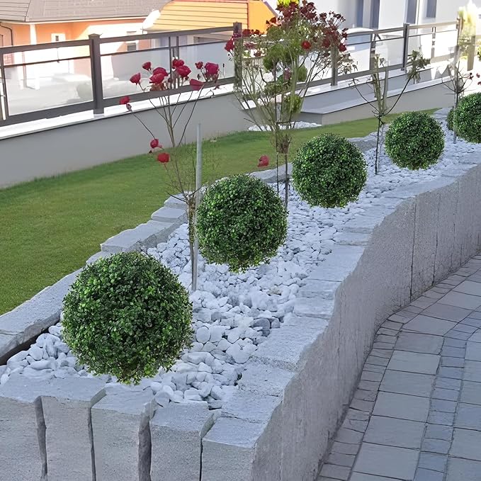 Artificial Topiary Ball Tree Outdoor Plants with Ground Spike 22"- UV Resistant Faux Shrubs, Eucalyptus Fake Plants for Indoor & Garden, Yard, Porch, Patio Decor (Green Boxwood)