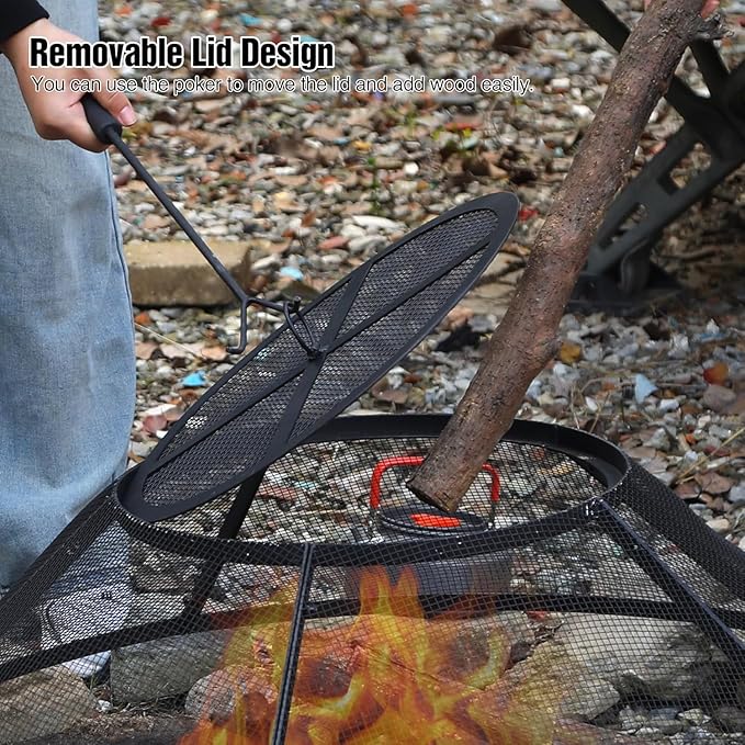REDCAMP Fire Pit Spark Screen 36 Inch Round with Removable Lid, Outdoor Heavy Duty Fire Pit Screen Mesh Firepit Screen Cover with Handle & Poker for Patio Backyard Beach