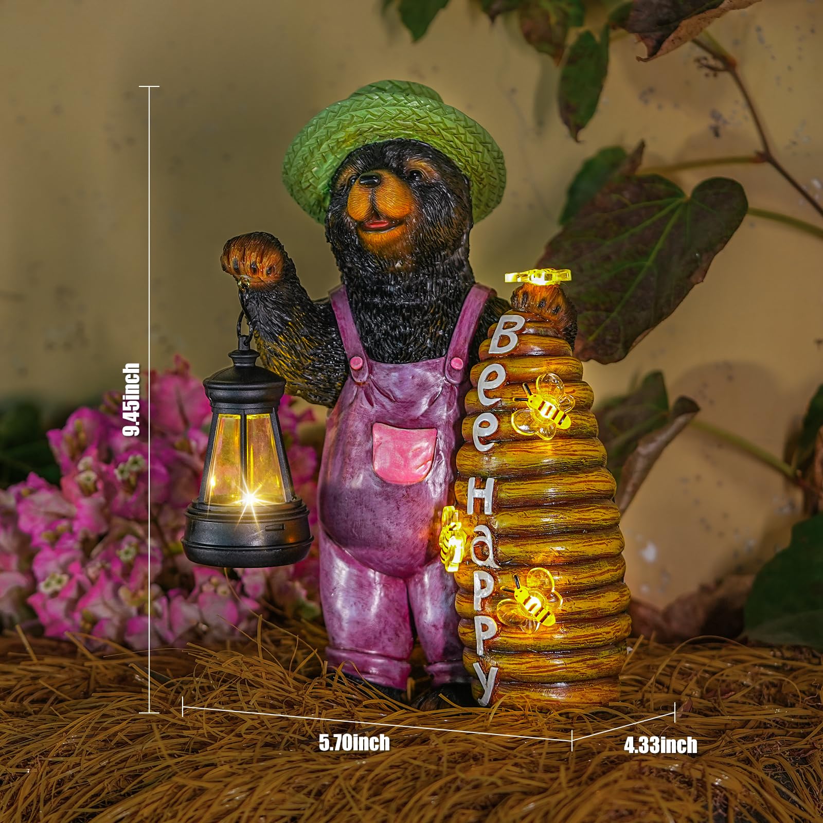 Joint Honglin Solar Adorable Bear Garden Statue with Beehive and Lantern - “Bee Happy” Resin Outdoor Decoration for Yard, Patio, or Home Decor