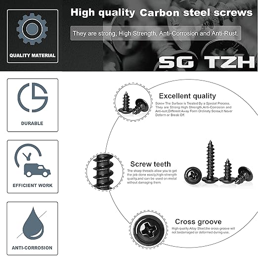 #8 Screws Assortment Set 210Pcs Alloy Steel Standard Thread Truss Head Fast Self Tapping Wood Screw Black Oxide by SG TZH