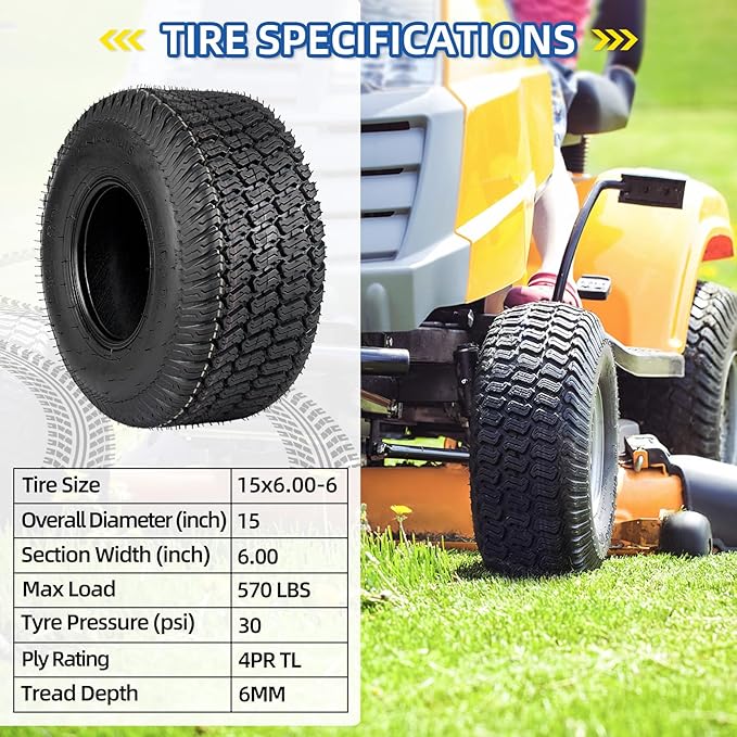 (2 Pack) 15x6.00-6 Lawn Mower Tubeless Tire, 15x6-6 Garden Tractor Lawnmower Tire, 4 Ply, Turf S Pattern