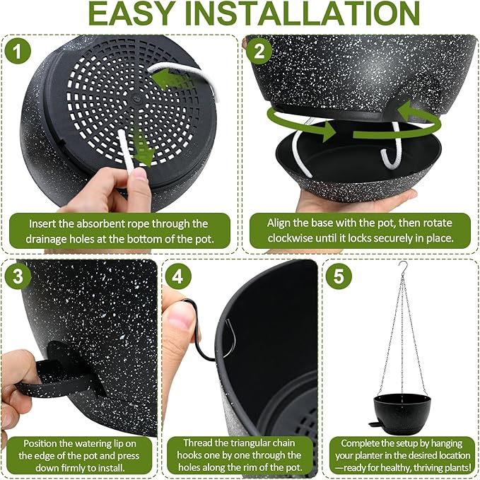 WOUSIWER Self Watering Hanging Planters, 2 Pack 10'' Plastic Pots with Drainage Holes & Reservoir Tray (Speckled Black) | Indoor & Outdoor Use for Ferns, Ivy, Herbs, Succulents