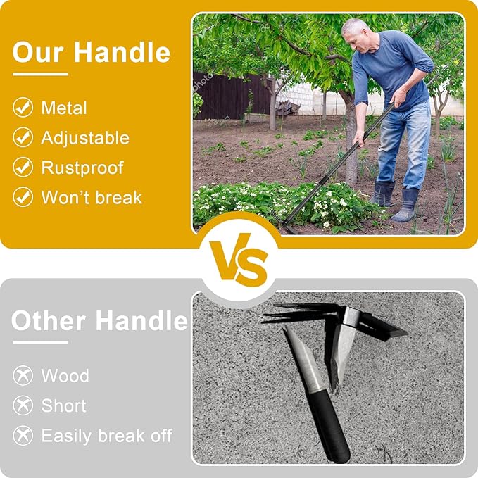 Hoe and Cultivator - 45” Long Handle - Heavy Duty Garden Hoe Tiller, Standing Hoe Garden Tools Durable Cultivator Hoes Hand Rake Fork for Gardening Weeding Planting Loosening Soil