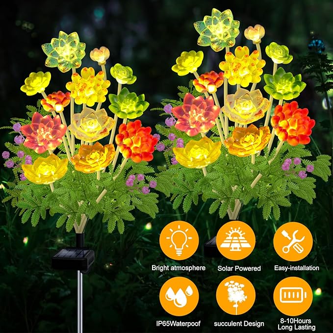 Solar Garden Lights Outdoor, 2 Pack Upgraded Succulent Solar Flowers Outside Waterproof, Gardening Gifts for Women Mother, Decorative Solar Powered Lights Yard Decor for Lawn Backyard Patio Pathway
