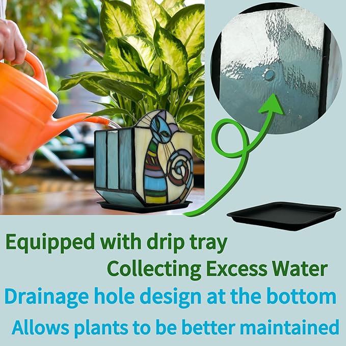 Stained Glass Cat Unique Plant Pot, Indoor Planter with Drainage and Tray,Succulent Plants Flower Pot,Cat Lover Gifts,4.6x3x5.15 in