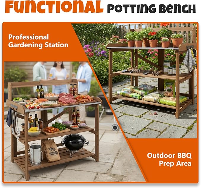 Outdoor Potting Bench Table, Wooden Garden Work Station with Metal Table Top, Metal Hooks, Large 2 Shelves, Easy Assembly