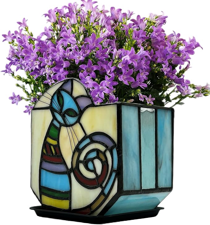 Stained Glass Cat Unique Plant Pot, Indoor Planter with Drainage and Tray,Succulent Plants Flower Pot,Cat Lover Gifts,4.6x3x5.15 in