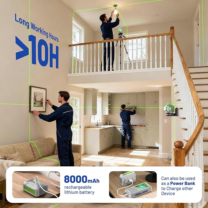 Laser Level 360 Self Leveling with 50inch Tripod, Huepar Pro 3 x 360° High Brightness Green Laser Leveler Tool for Construction, Tile and Picture Hanging, 8000mAh Li-ion Battery & Magnetic Bracket