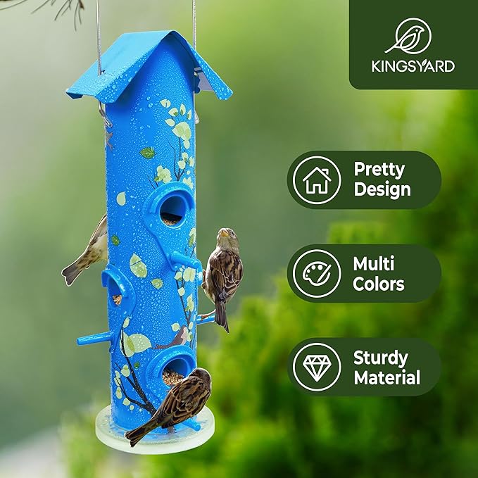 Kingsyard Metal Bird Feeders for Outdoors Hanging, 6-Ports Tube Bird Feeder, 14 inch, Durable & Weatherproof, Large Capacity for Attracting Wild Birds (Blue)