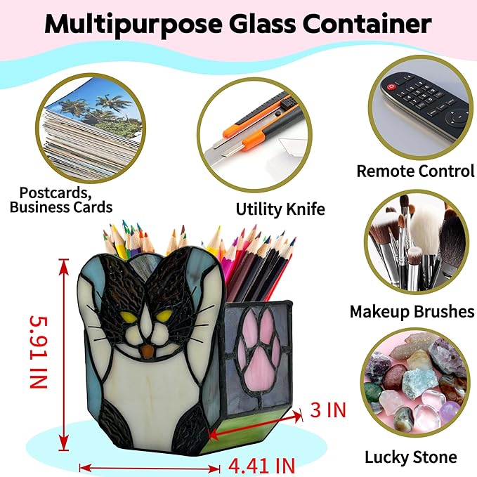 Stained Glass Black Cat Planter, Succulent Pot with Drainage, Indoor Plant Container, Decorative Pencil Holder, Teacher Gift