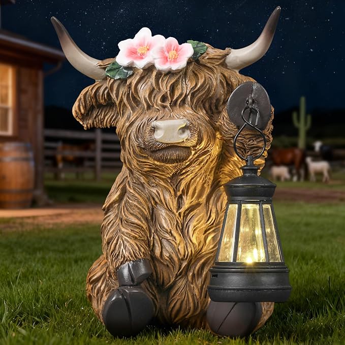 Solar Highland Cow Garden Outdoor Statue,Highland Cow Figurines Sculpture with LED,Farmhouse Decor,Patio Balcony Yard for Pasture & Farm Theme Housewarming Gifts for Women Mom