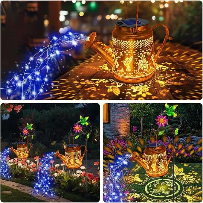 Solar Lanterns Outdoor Waterproof, Hummingbird Watering Can Garden Decor, Hanging Solar Path Lights Yard Art, Outside Patio Decoration Gardening Birthday Gifts for Mom Grandma Women with Shepherd Hook