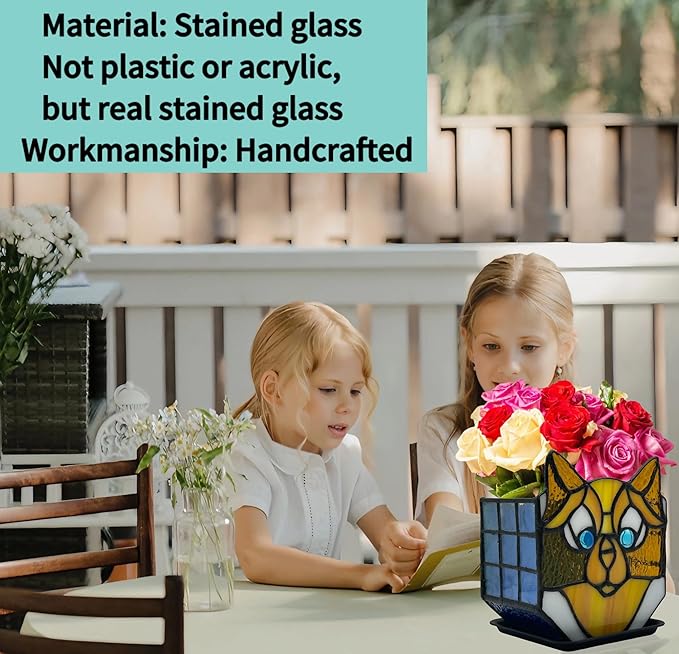 Stained Glass Yellow Cat Planter, Indoor Plant Tabletop Plant Display, Yellow Cat Small Plant Pot, Terrarium Decor, Decor Gift 4.6x3x5.15 in