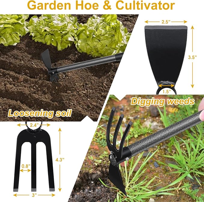 Garden Hoe and Cultivator, Heavy Duty Hand Hoe with Tiller with 31” Long Handle, Cultivator Hoe Garden Tools Durable Cultivator Hoes Rake Fork for Gardening Weeding Planting Loosening Soil