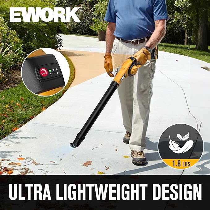 EWORK Small Leaf Blower Cordless 21V 130CFM/200MPH Lightweight Electric Leaf Blower with 2x2.0Ah Battery and Fast Charger, Mini Battery Powered Compact Blowers for Lawn Care, Leaves, Jobsite