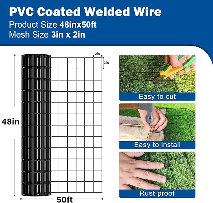 Black Metal Fence，Pet Fence Netting，Black PVC Coated Welded Wire (2×3 Inch Mesh, 48"×50' 16Gauge) - Weatherproof Garden Fence & Animal Enclosure Solution