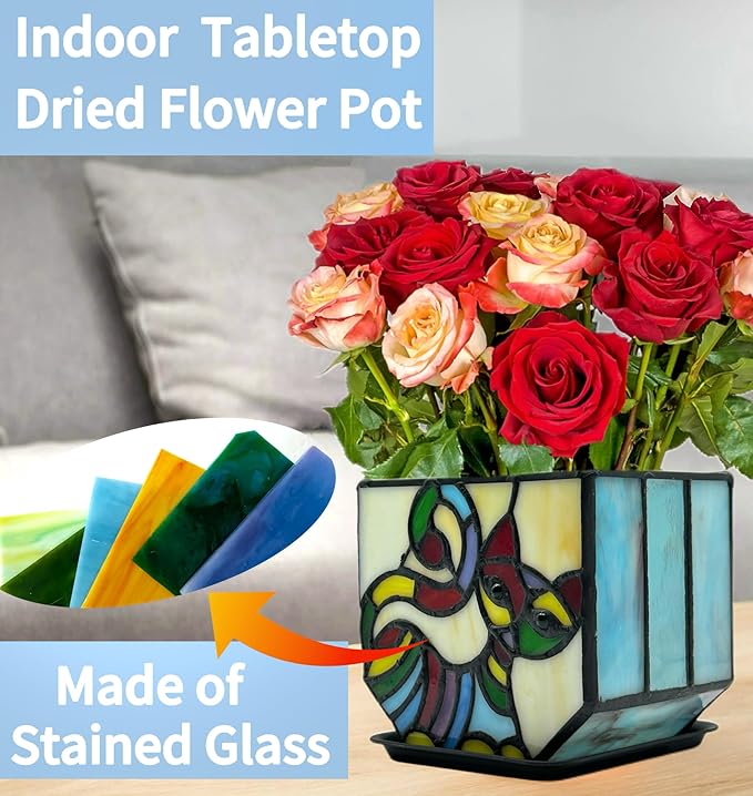 Stained Glass Cat Pot with Drainage,Cute Planters for Indoor Plants,Decorative Flower Pots,Gifts for Plant Lovers,4.6x3x5.15 in