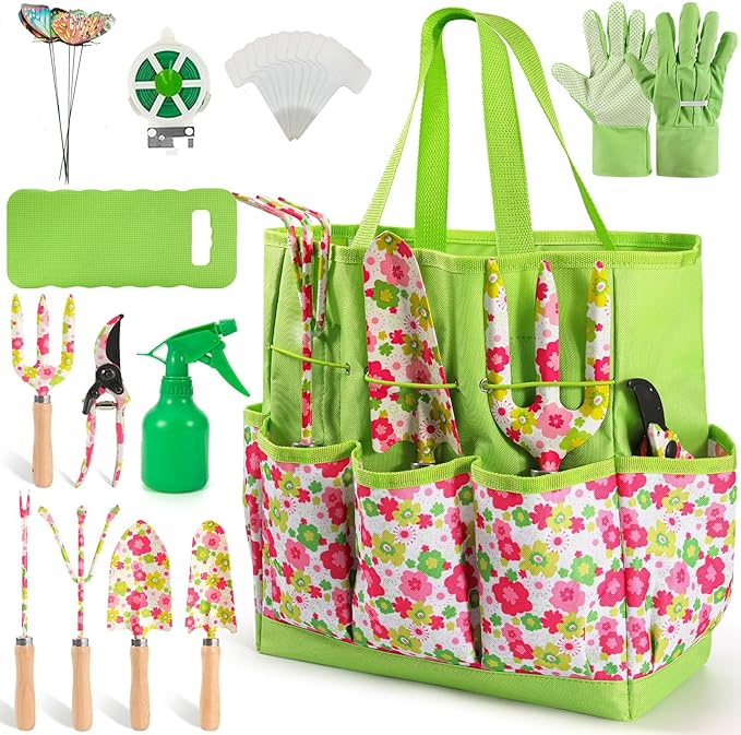 Heavy Duty Floral Gardening Tools Kit - 26PCS Gardening Tool Set with Non-Slip Rubber Handle, Complete Gardening Tool Bag Set for Women